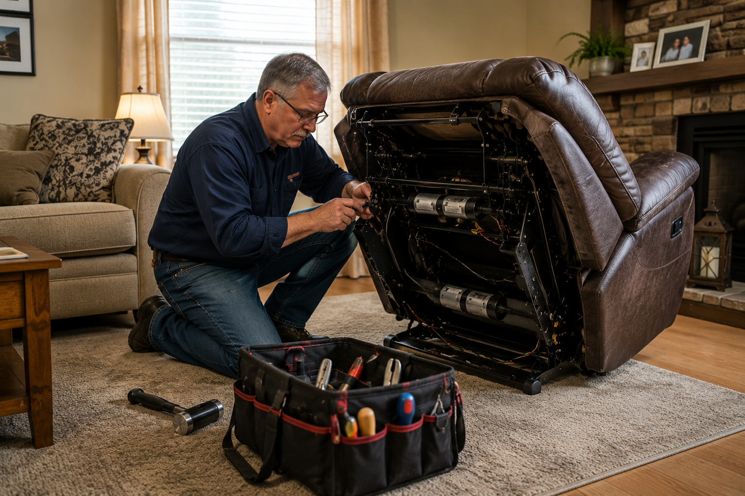 Furniture repair being carried out in a customer's home